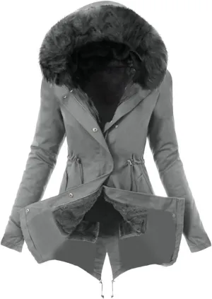 Wkishenl Women's Winter Sherpa Lined Coats Long Sleeve Zip Up Jackets Solid Color Mid Long Parka Coat with Faux Fur Hooded