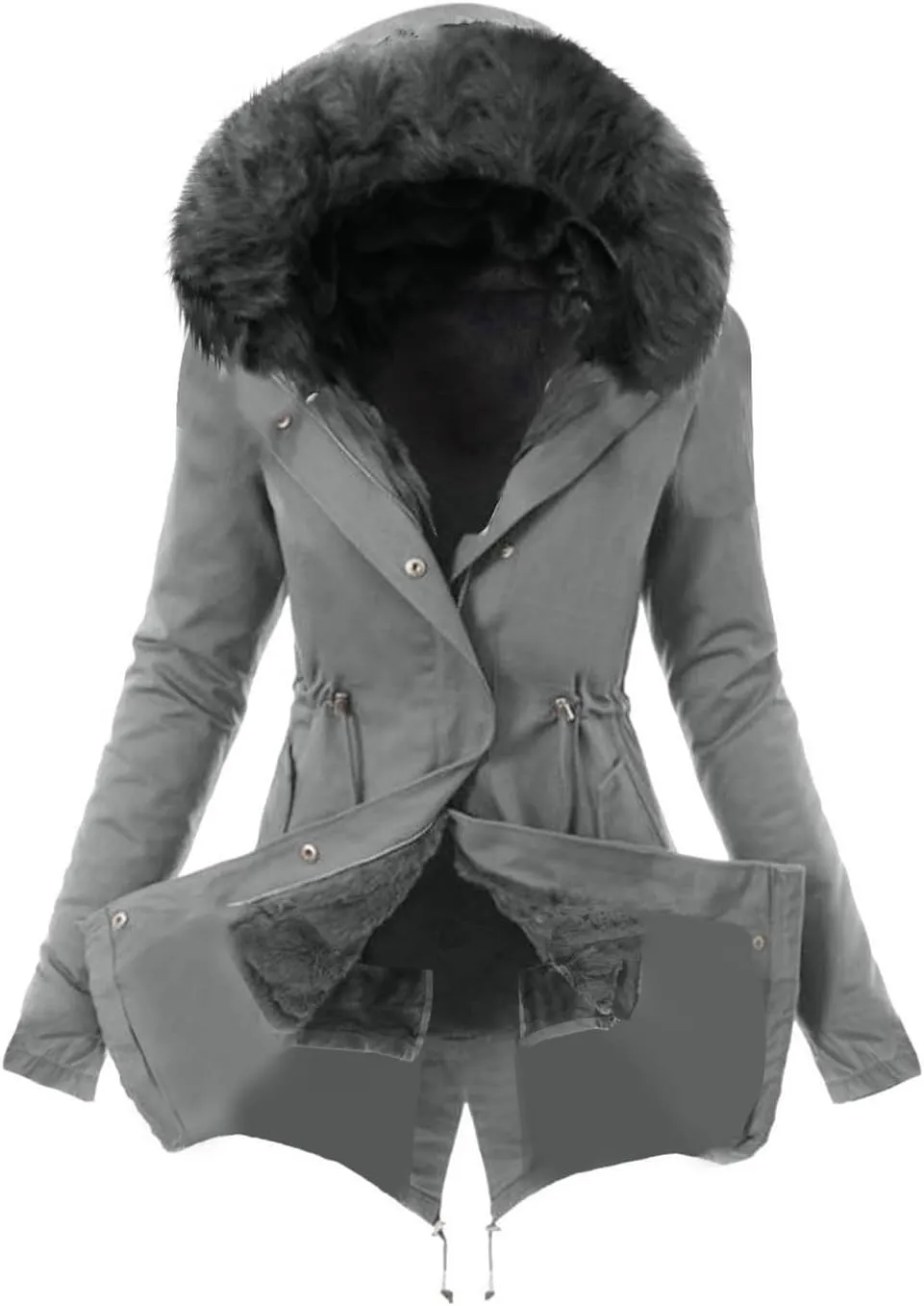 Wkishenl Women's Winter Sherpa Lined Coats Long Sleeve Zip Up Jackets Solid Color Mid Long Parka Coat with Faux Fur Hooded