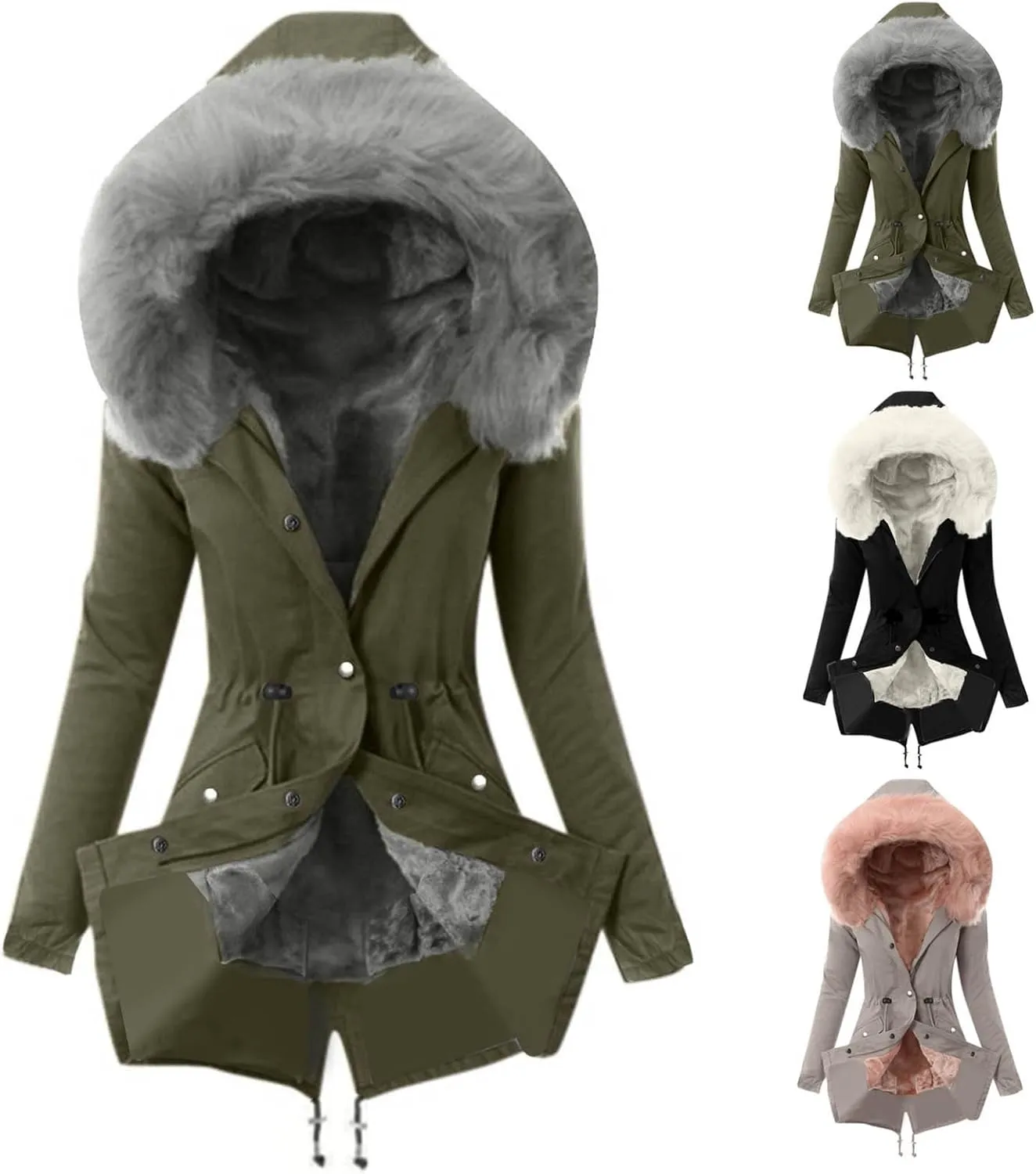 Wkishenl Women's Winter Sherpa Lined Coats Long Sleeve Zip Up Jackets Solid Color Mid Long Parka Coat with Faux Fur Hooded