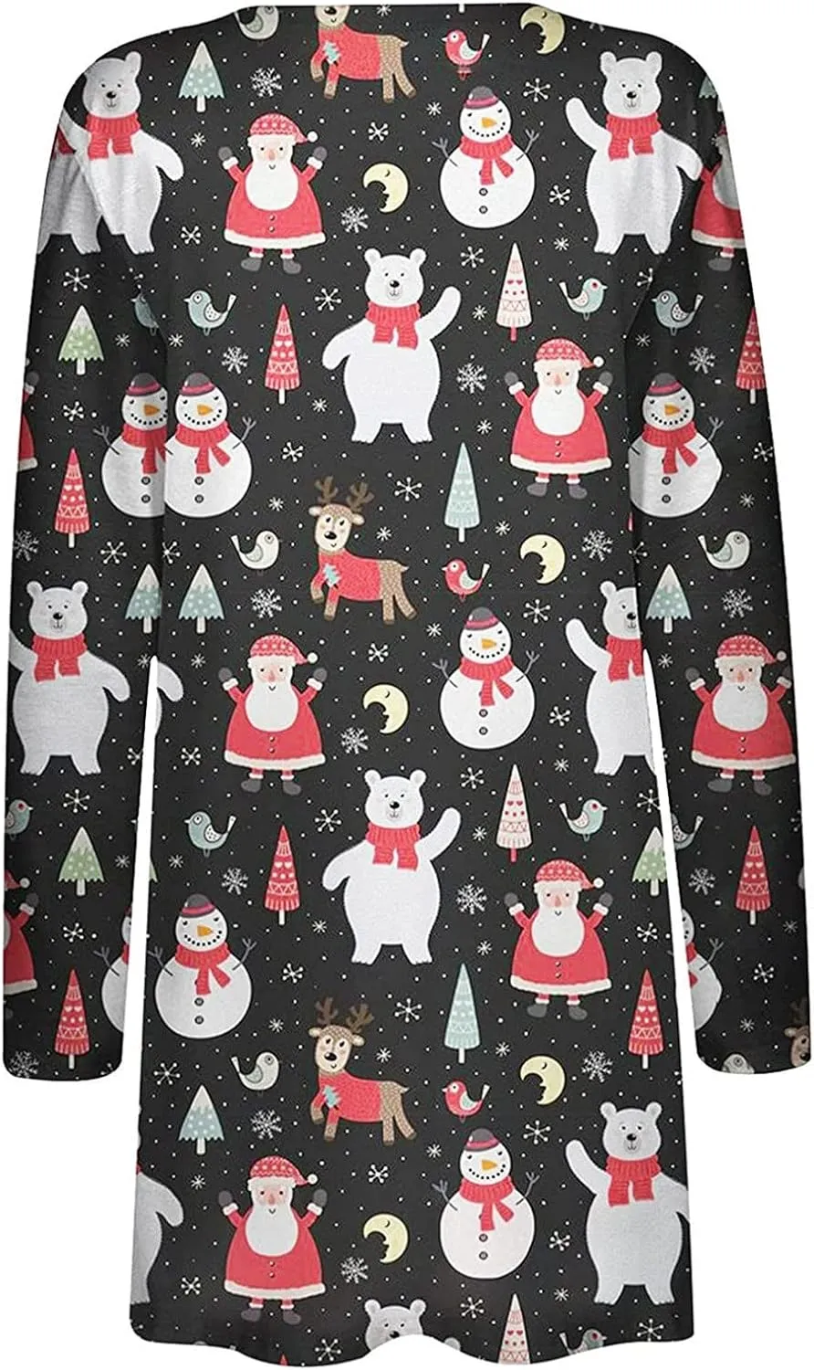 Woman Christmas Sweater Snowflake Print Long Sleeve Open Front Cardigan Fall Casual Loose Fit Clothing with Pockets