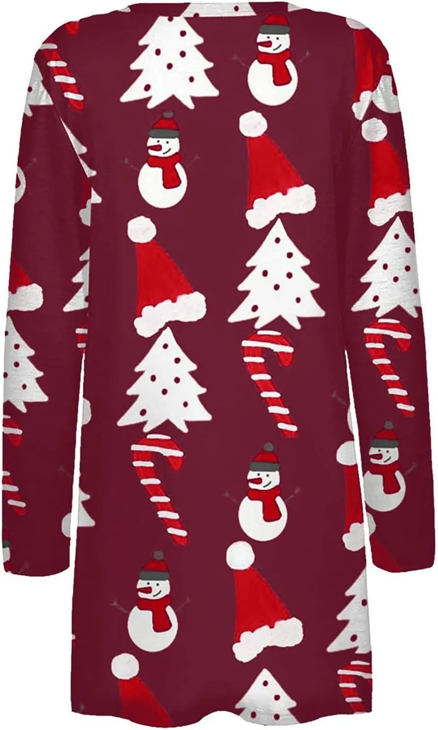 Woman Christmas Sweater Snowflake Print Long Sleeve Open Front Cardigan Fall Casual Loose Fit Clothing with Pockets