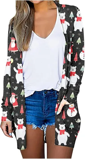 Woman Christmas Sweater Snowflake Print Long Sleeve Open Front Cardigan Fall Casual Loose Fit Clothing with Pockets