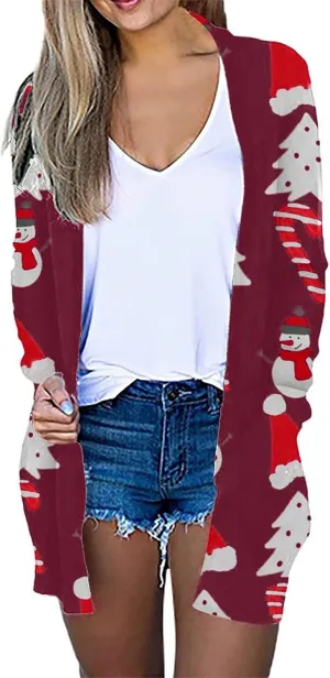Woman Christmas Sweater Snowflake Print Long Sleeve Open Front Cardigan Fall Casual Loose Fit Clothing with Pockets