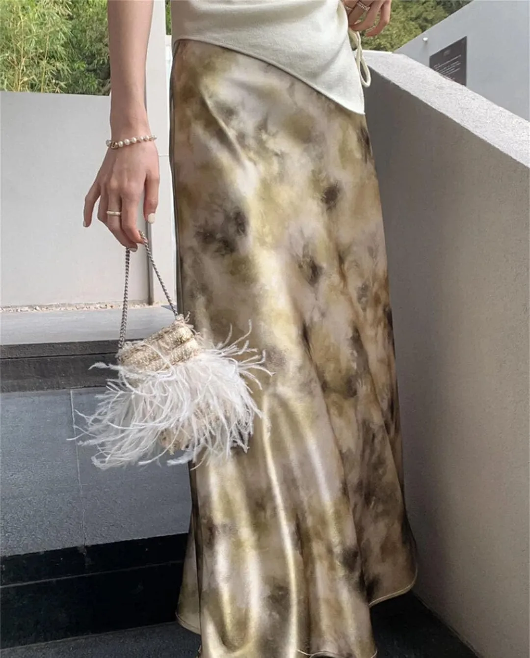 Woman‘S Long Skirt Silk Smooth Ink Printing High Waist Fishtail Elegant Flower Satin A-Line Skirts