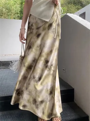 Woman‘S Long Skirt Silk Smooth Ink Printing High Waist Fishtail Elegant Flower Satin A-Line Skirts