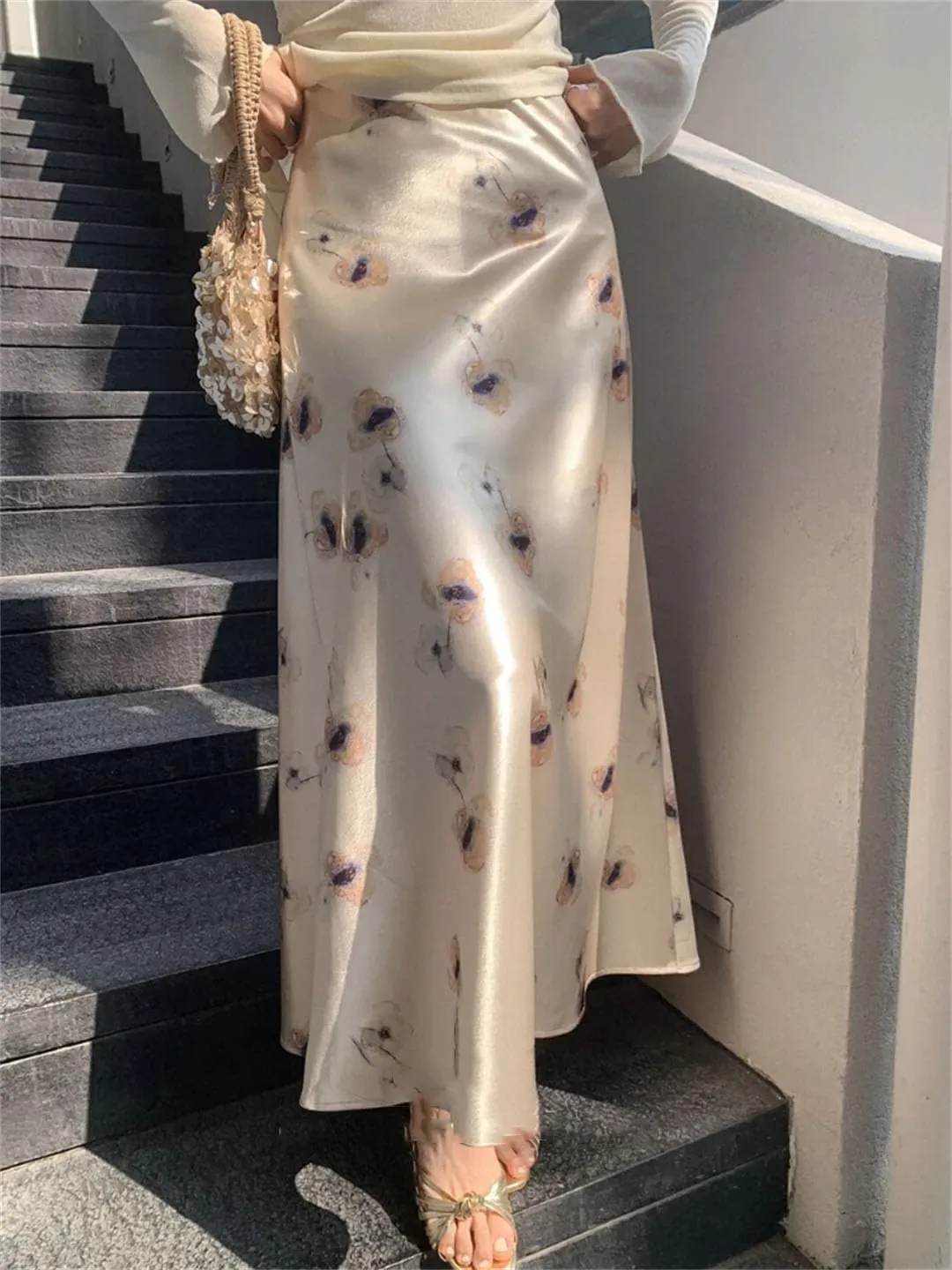 Woman‘S Long Skirt Silk Smooth Ink Printing High Waist Fishtail Elegant Flower Satin A-Line Skirts
