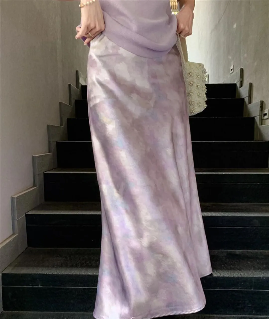Woman‘S Long Skirt Silk Smooth Ink Printing High Waist Fishtail Elegant Flower Satin A-Line Skirts