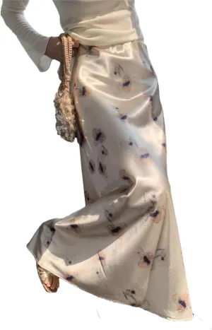 Woman‘S Long Skirt Silk Smooth Ink Printing High Waist Fishtail Elegant Flower Satin A-Line Skirts