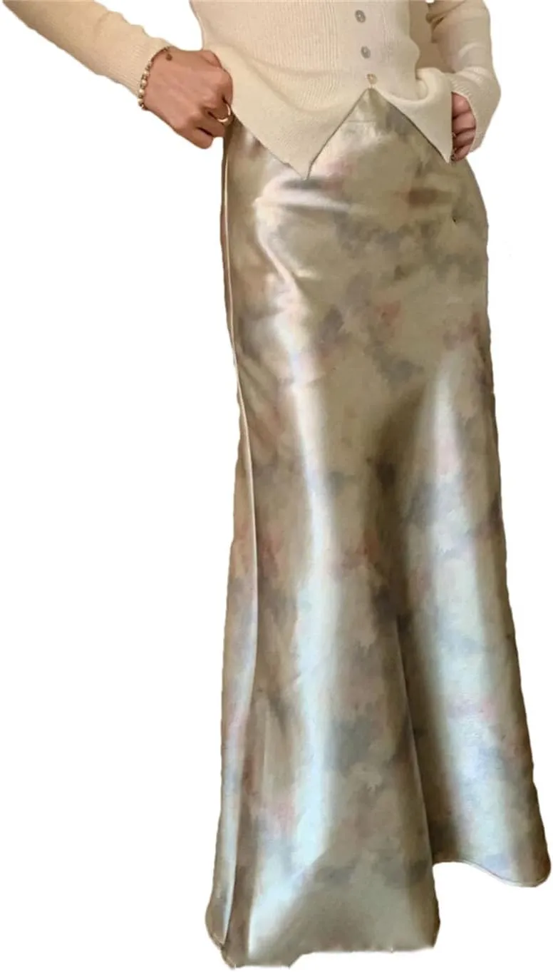 Woman‘S Long Skirt Silk Smooth Ink Printing High Waist Fishtail Elegant Flower Satin A-Line Skirts