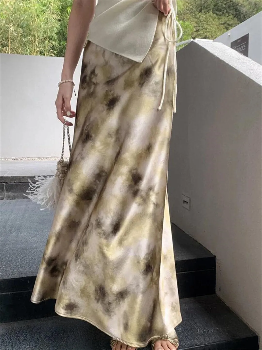 Woman‘S Long Skirt Silk Smooth Ink Printing High Waist Fishtail Elegant Flower Satin A-Line Skirts