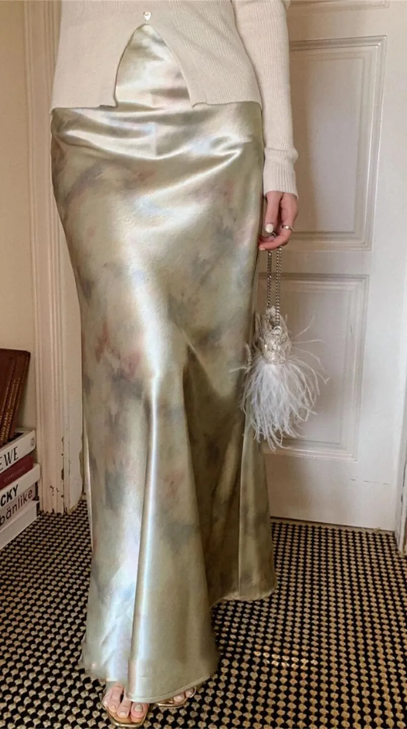 Woman‘S Long Skirt Silk Smooth Ink Printing High Waist Fishtail Elegant Flower Satin A-Line Skirts