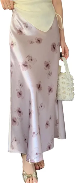 Woman‘S Long Skirt Silk Smooth Ink Printing High Waist Fishtail Elegant Flower Satin A-Line Skirts