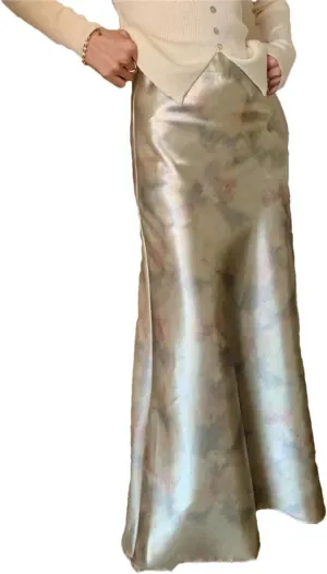 Woman‘S Long Skirt Silk Smooth Ink Printing High Waist Fishtail Elegant Flower Satin A-Line Skirts