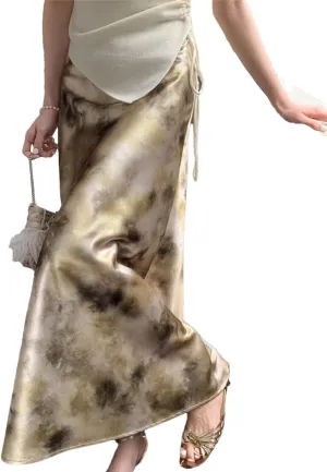 Woman‘S Long Skirt Silk Smooth Ink Printing High Waist Fishtail Elegant Flower Satin A-Line Skirts