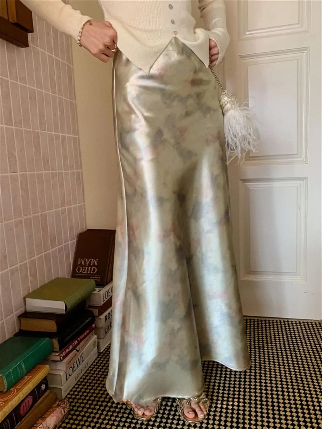 Woman‘S Long Skirt Silk Smooth Ink Printing High Waist Fishtail Elegant Flower Satin A-Line Skirts