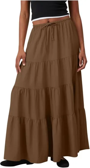 Women Boho Skirts Flowy Ruffle Skirts Long A Line Beach Skirt Vacation Maxi Skirts Casual Summer Outfit Pleated Skirt