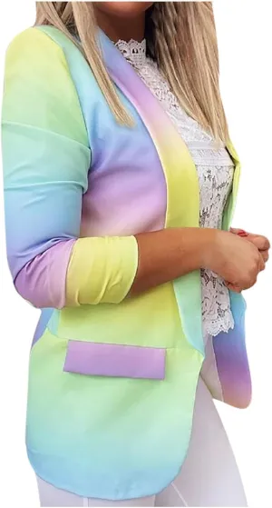 Women Colorful Jackets Slim-Fit Casual Lapel Long Jackets Petite Ladies Ombre Gradient Color Fall Lightweight Blazers
