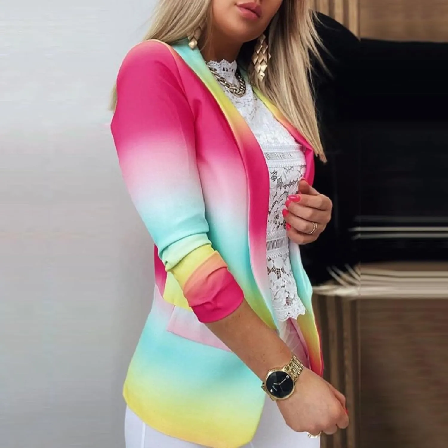 Women Colorful Jackets Slim-Fit Casual Lapel Long Jackets Petite Ladies Ombre Gradient Color Fall Lightweight Blazers