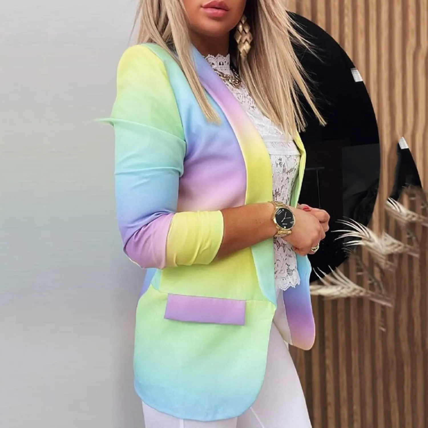 Women Colorful Jackets Slim-Fit Casual Lapel Long Jackets Petite Ladies Ombre Gradient Color Fall Lightweight Blazers