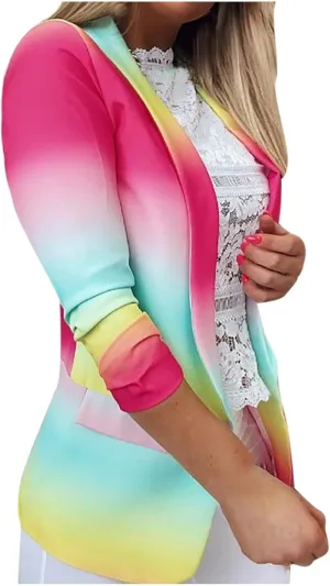 Women Colorful Jackets Slim-Fit Casual Lapel Long Jackets Petite Ladies Ombre Gradient Color Fall Lightweight Blazers