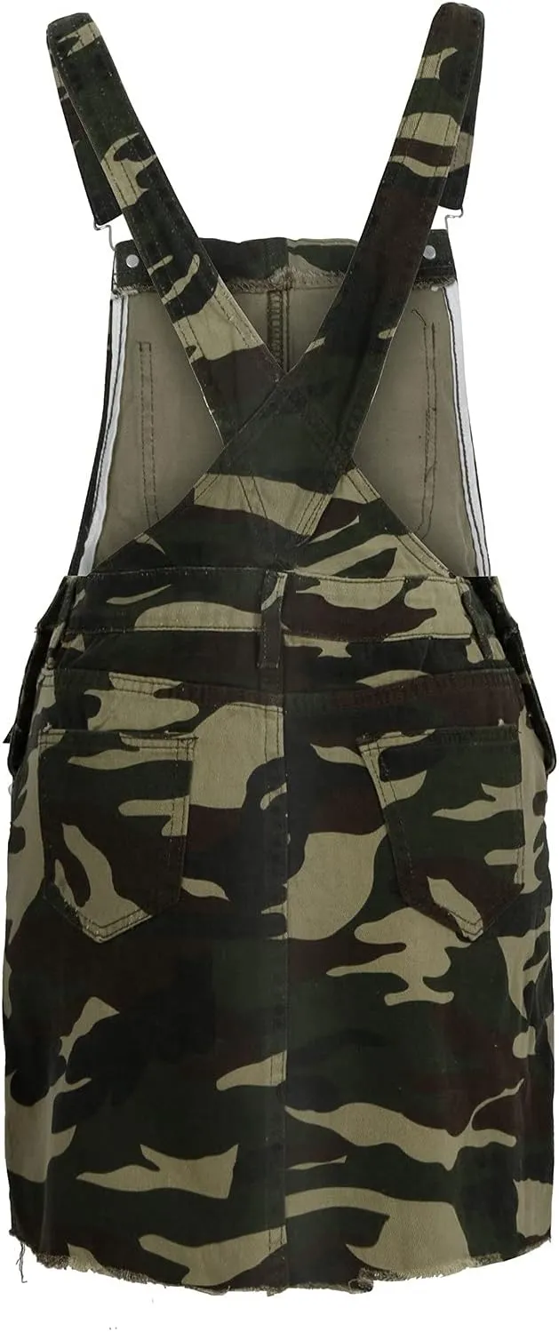 Women Denim Dress Adjustable Strap Distressed Bib Overalls Mini Dresses Summer Sleeveless Casual Dress with Pockets