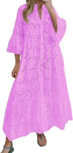 Women Eyelet Dress Boho Elegant Lace Hollow Summer V Neck Bell Sleeve Ruffle Casual Flowy Long Maxi Dresses
