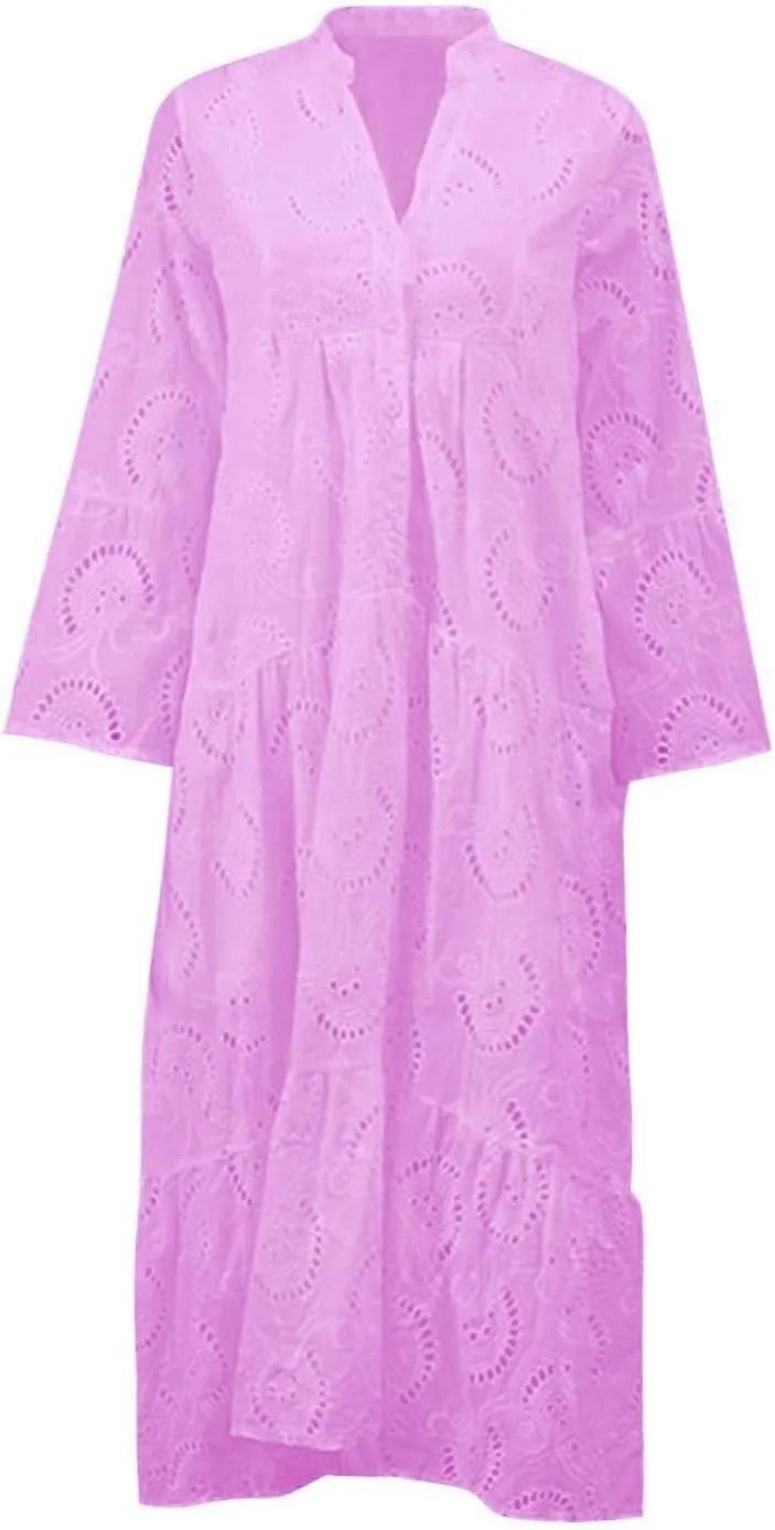 Women Eyelet Dress Boho Elegant Lace Hollow Summer V Neck Bell Sleeve Ruffle Casual Flowy Long Maxi Dresses