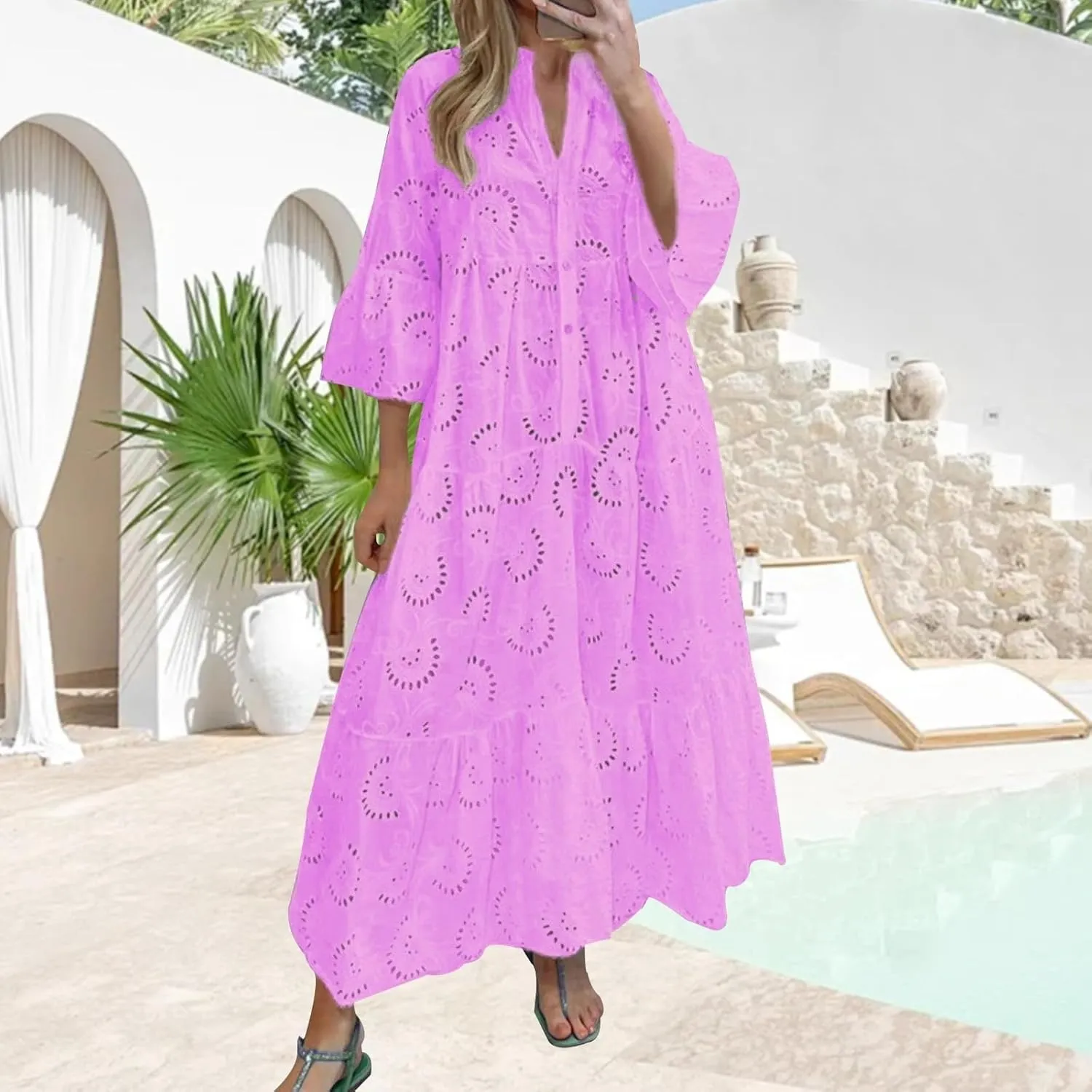 Women Eyelet Dress Boho Elegant Lace Hollow Summer V Neck Bell Sleeve Ruffle Casual Flowy Long Maxi Dresses