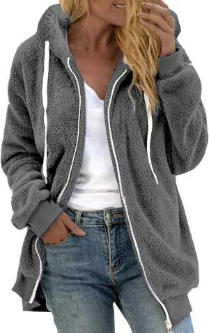 Women Fuzzy Jackets Full Zip Hooded Sweatshirt Coat Winter Warm Fleece Plush Zipper Hoodies Cozy Cardigan Outwear