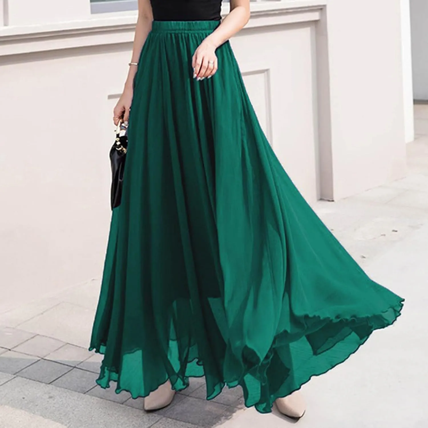 Women High Elastic Waist Pleated Chiffon Skirt Midi Swing A-line Skirts Retro Long Maxi Dress Summer Beach Dresses