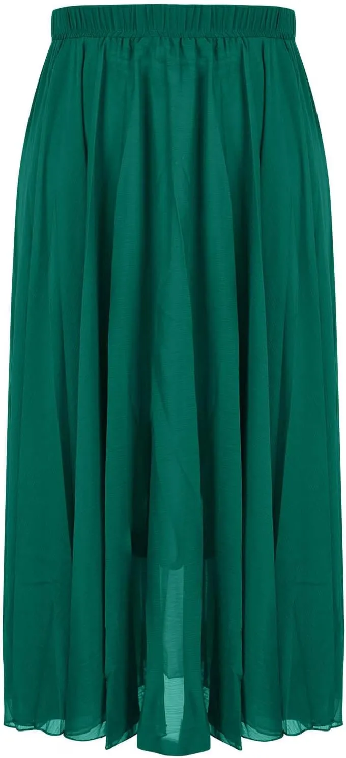Women High Elastic Waist Pleated Chiffon Skirt Midi Swing A-line Skirts Retro Long Maxi Dress Summer Beach Dresses