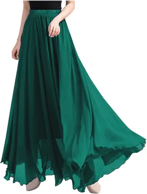 Women High Elastic Waist Pleated Chiffon Skirt Midi Swing A-line Skirts Retro Long Maxi Dress Summer Beach Dresses