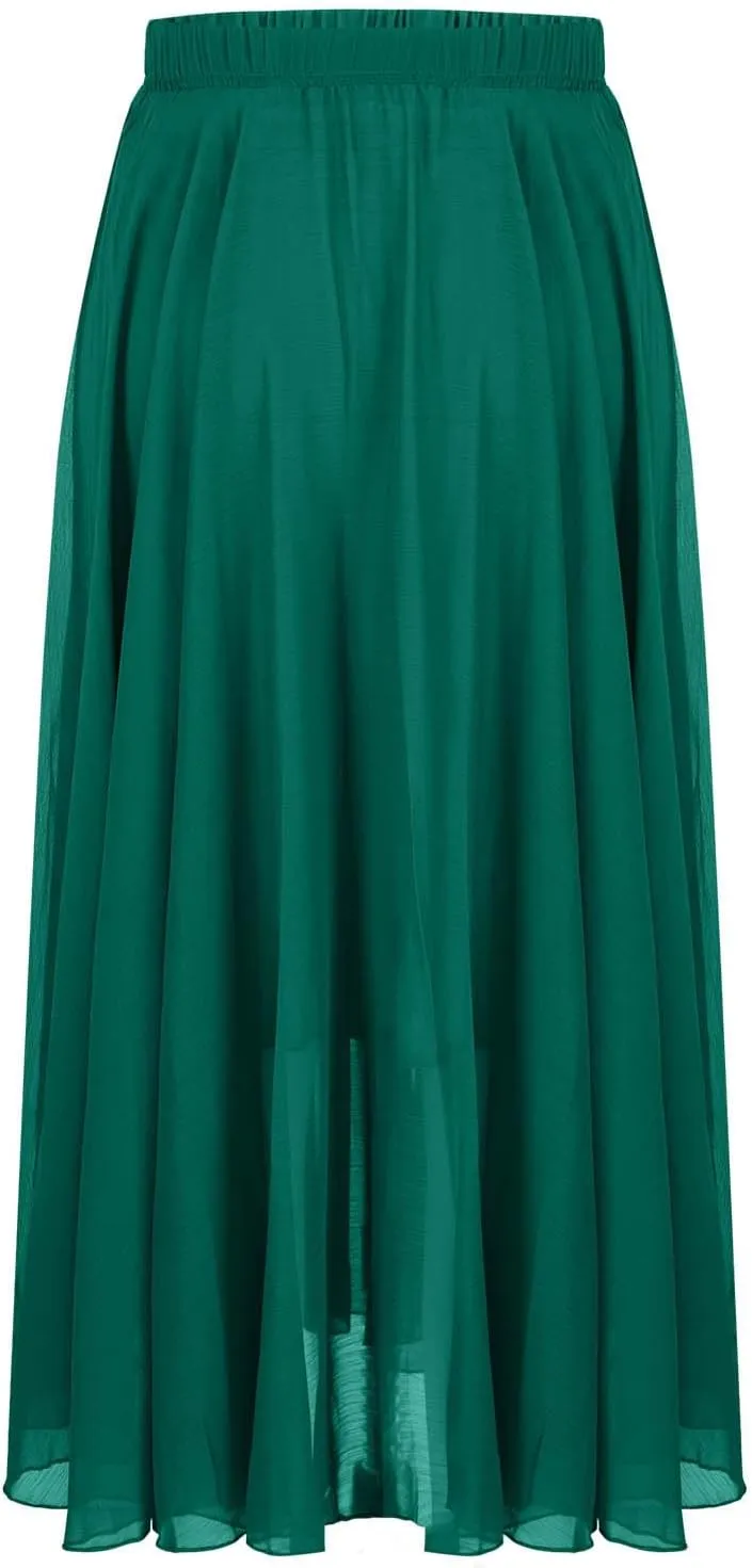 Women High Elastic Waist Pleated Chiffon Skirt Midi Swing A-line Skirts Retro Long Maxi Dress Summer Beach Dresses