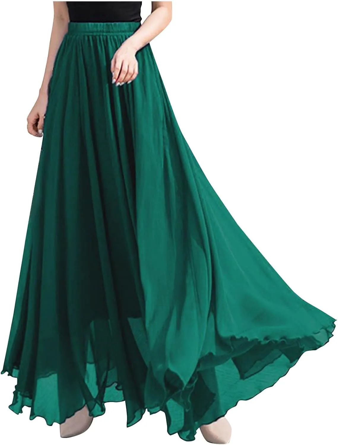 Women High Elastic Waist Pleated Chiffon Skirt Midi Swing A-line Skirts Retro Long Maxi Dress Summer Beach Dresses
