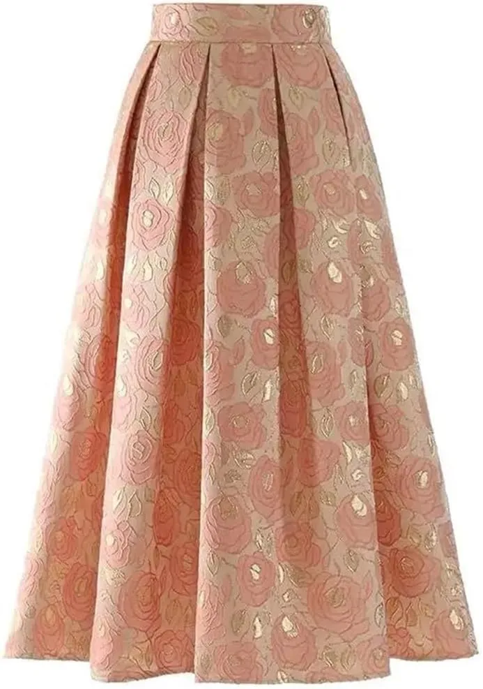 Women High Waist Jacquard Skirts Vintage A-Line Skirts Chic Elegant Party Long Style Skirt