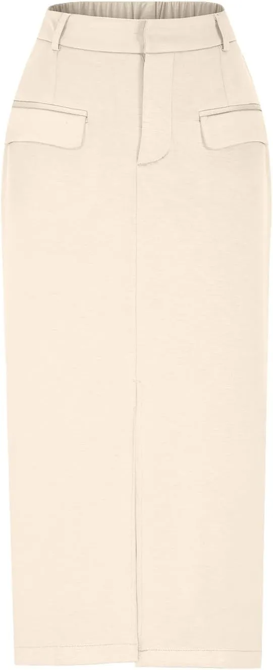Women High Waisted Maxi Skirt Trendy Summer Slim Business Casual Dresses Decorative Pocket Long Skirts with Front Slit
