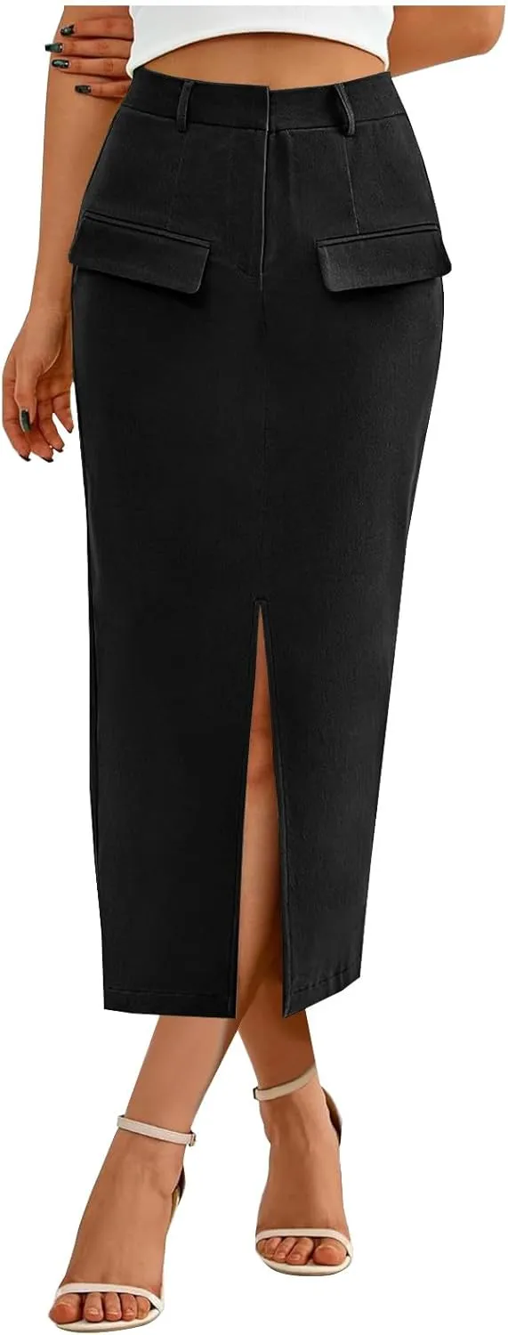 Women High Waisted Maxi Skirt Trendy Summer Slim Business Casual Dresses Decorative Pocket Long Skirts with Front Slit