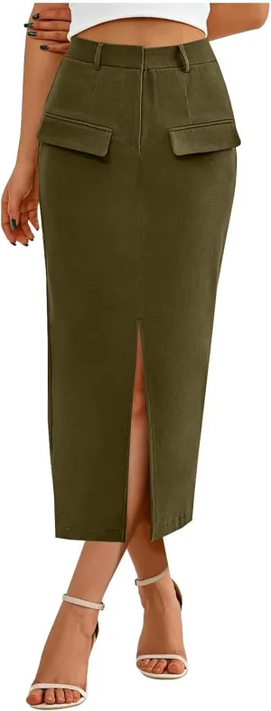 Women High Waisted Maxi Skirt Trendy Summer Slim Business Casual Dresses Decorative Pocket Long Skirts with Front Slit