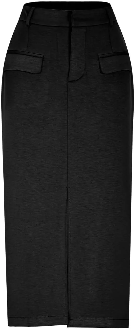 Women High Waisted Maxi Skirt Trendy Summer Slim Business Casual Dresses Decorative Pocket Long Skirts with Front Slit