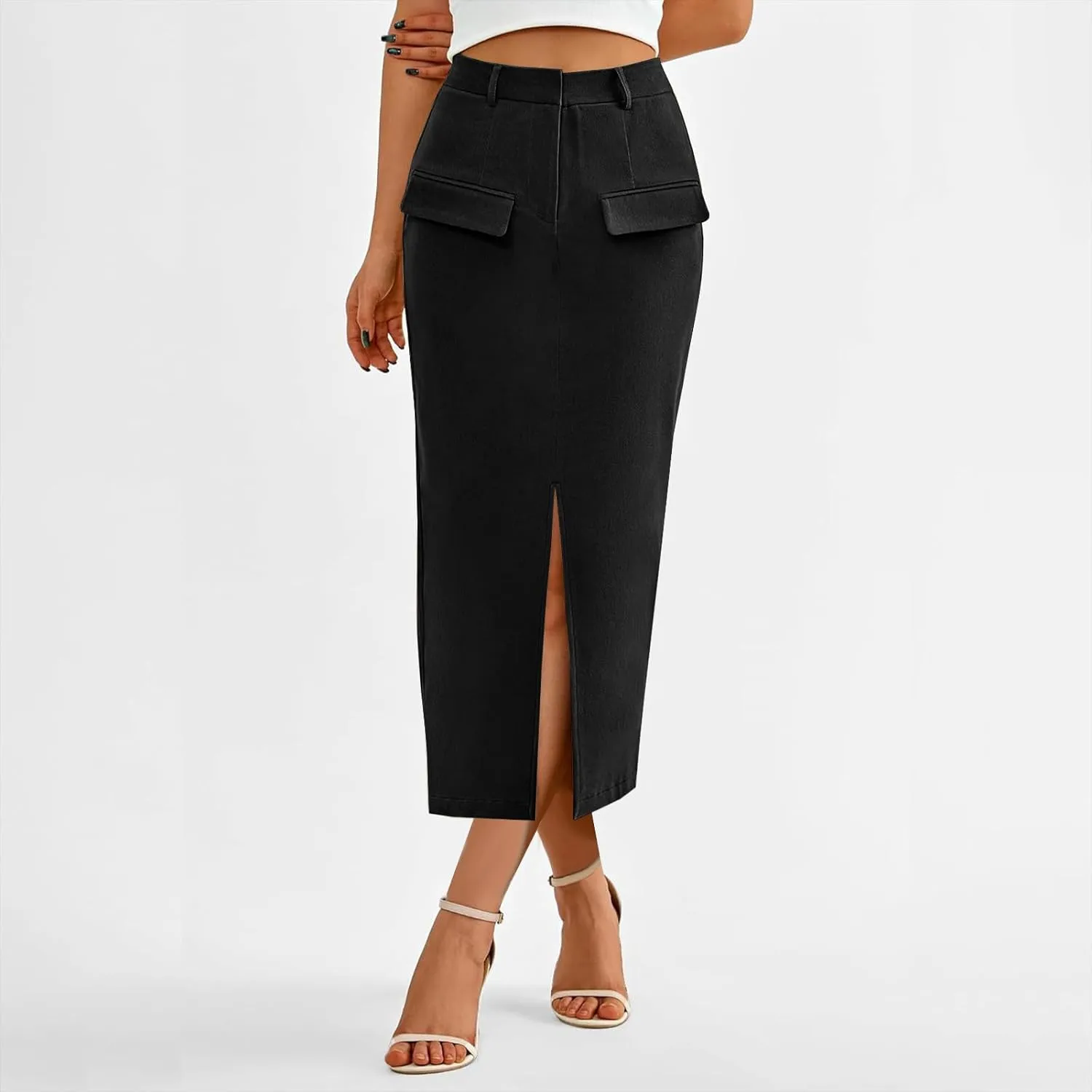 Women High Waisted Maxi Skirt Trendy Summer Slim Business Casual Dresses Decorative Pocket Long Skirts with Front Slit
