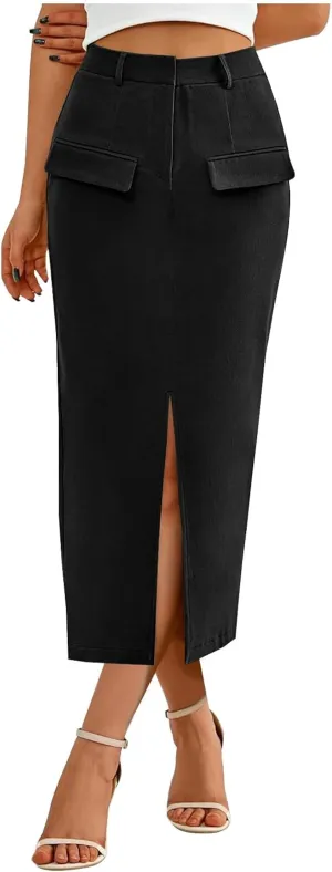 Women High Waisted Maxi Skirt Trendy Summer Slim Business Casual Dresses Decorative Pocket Long Skirts with Front Slit