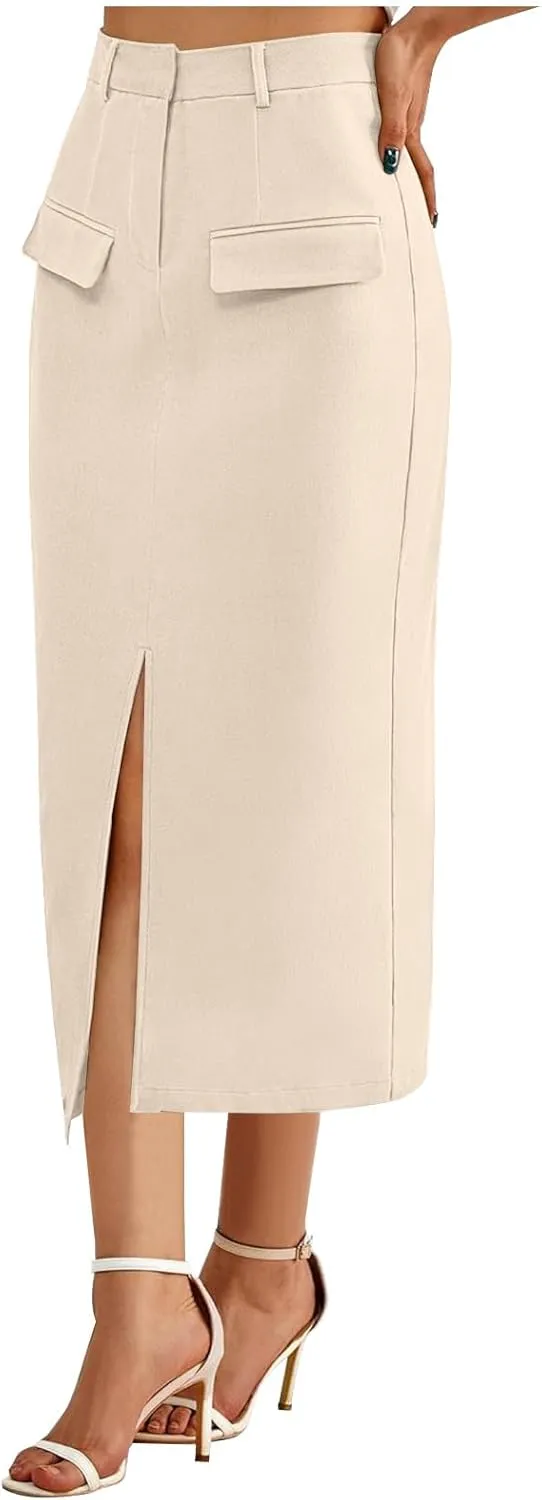Women High Waisted Maxi Skirt Trendy Summer Slim Business Casual Dresses Decorative Pocket Long Skirts with Front Slit