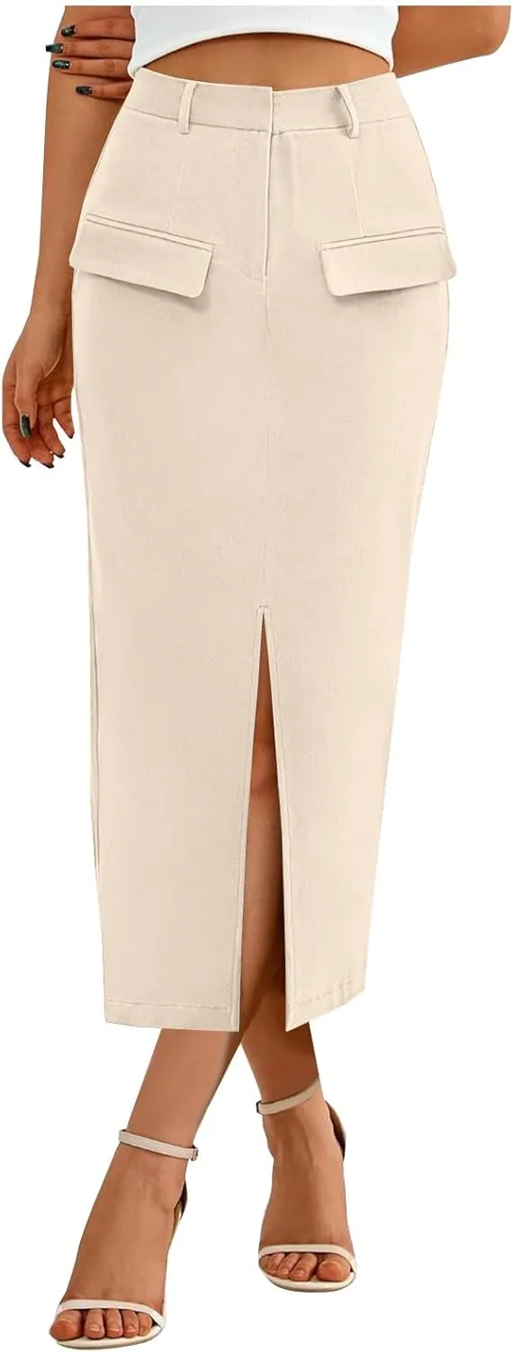Women High Waisted Maxi Skirt Trendy Summer Slim Business Casual Dresses Decorative Pocket Long Skirts with Front Slit