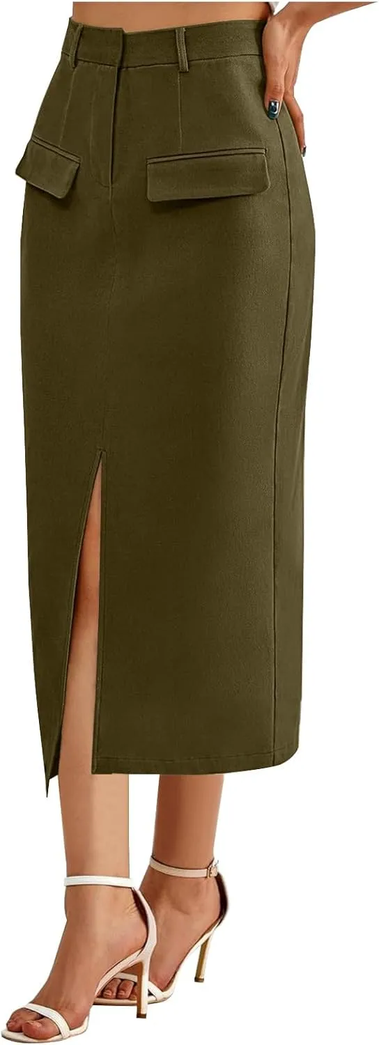 Women High Waisted Maxi Skirt Trendy Summer Slim Business Casual Dresses Decorative Pocket Long Skirts with Front Slit