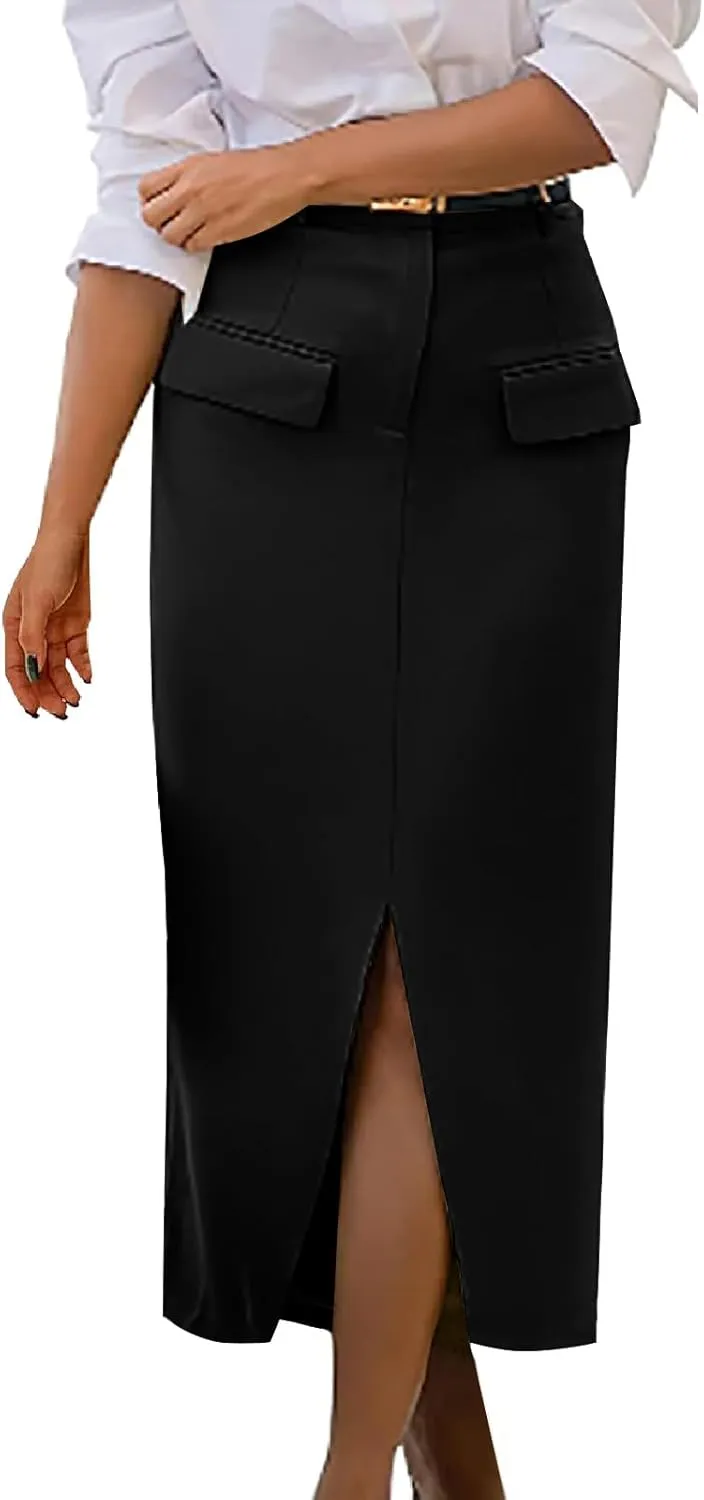 Women High Waisted Maxi Skirt Trendy Summer Slim Business Casual Dresses Decorative Pocket Long Skirts with Front Slit