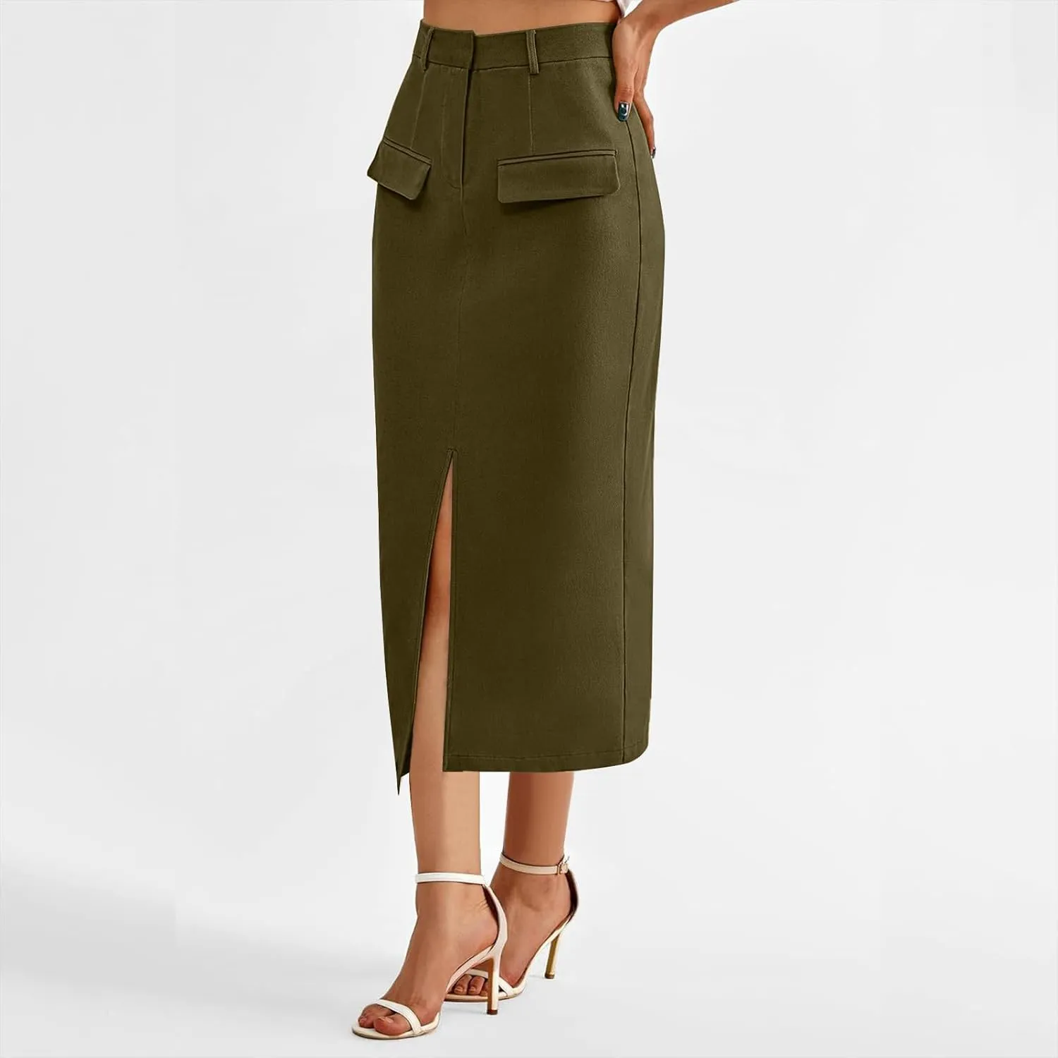 Women High Waisted Maxi Skirt Trendy Summer Slim Business Casual Dresses Decorative Pocket Long Skirts with Front Slit