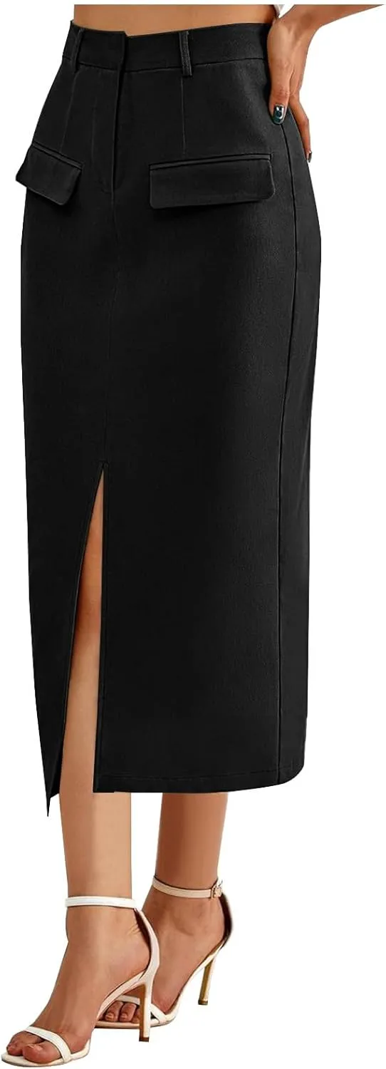 Women High Waisted Maxi Skirt Trendy Summer Slim Business Casual Dresses Decorative Pocket Long Skirts with Front Slit