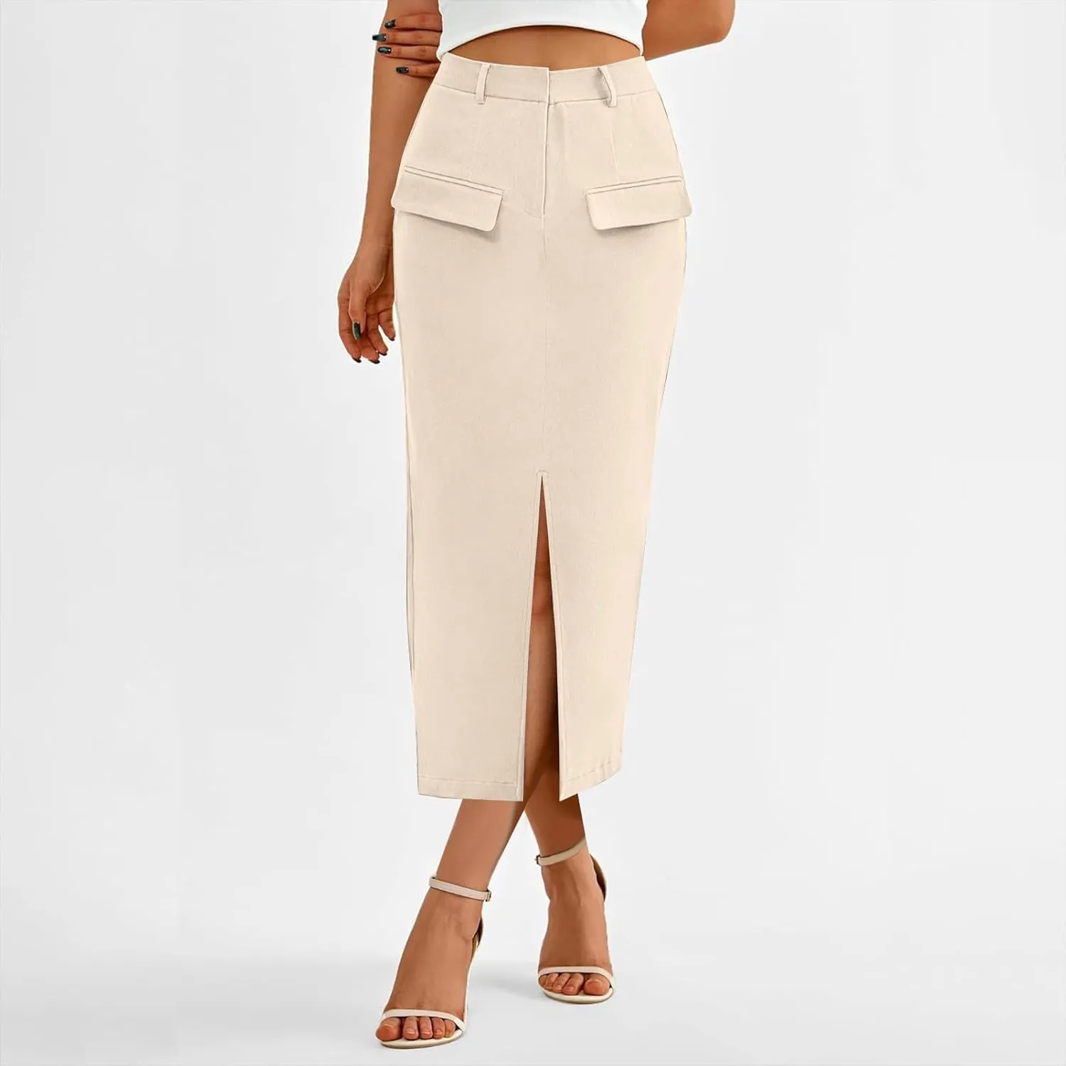 Women High Waisted Maxi Skirt Trendy Summer Slim Business Casual Dresses Decorative Pocket Long Skirts with Front Slit