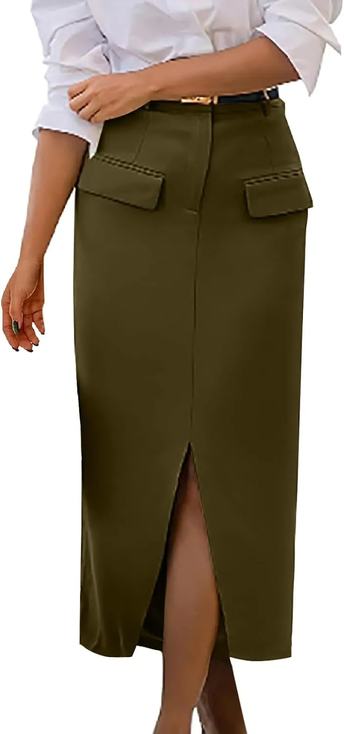 Women High Waisted Maxi Skirt Trendy Summer Slim Business Casual Dresses Decorative Pocket Long Skirts with Front Slit
