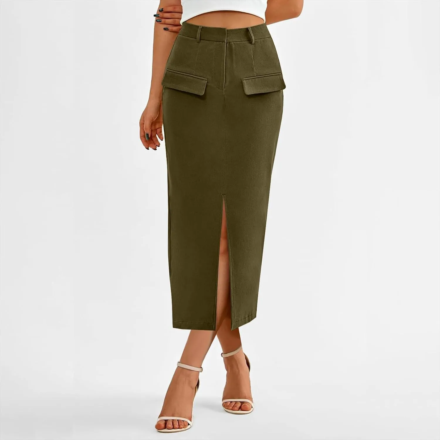 Women High Waisted Maxi Skirt Trendy Summer Slim Business Casual Dresses Decorative Pocket Long Skirts with Front Slit